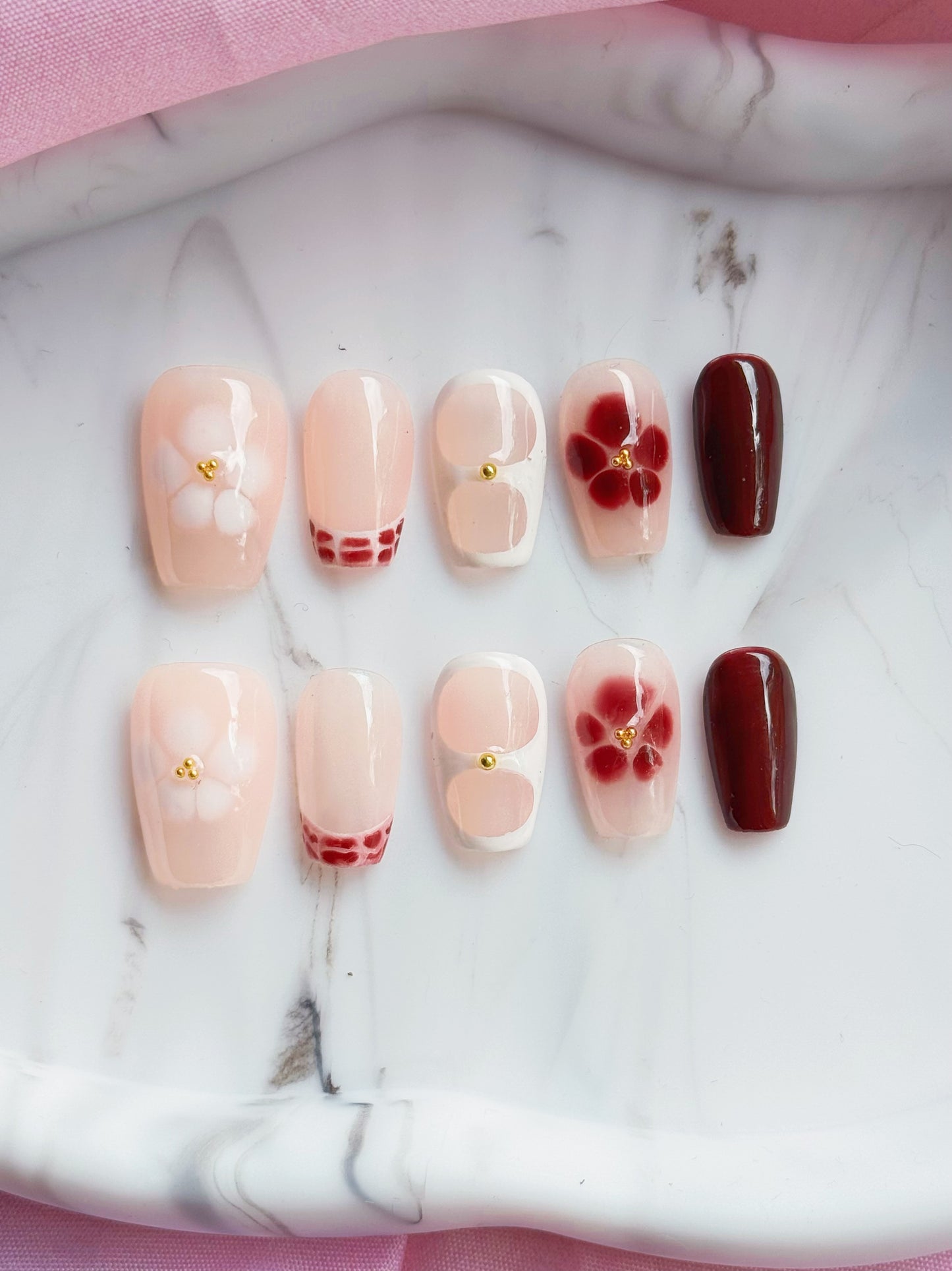 Wine Red Floral Press-On Nails – Nude & Gold Accents
