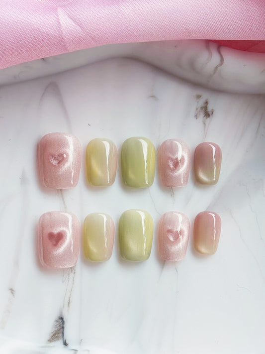 Blush & Green Tea Cat-Eye Press-On Nails – Heart Charm Collection