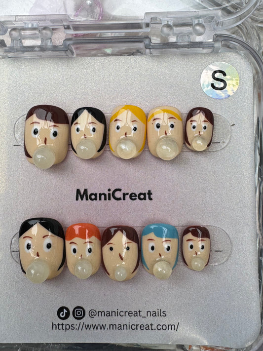 Bubble Buddies – Hand-Painted Cartoon Face Press-On Nails