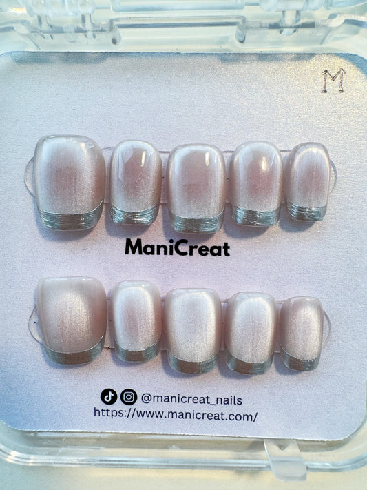 Silver Edge Elegance – Pearl Nude Press-On Nails with Metallic Tips