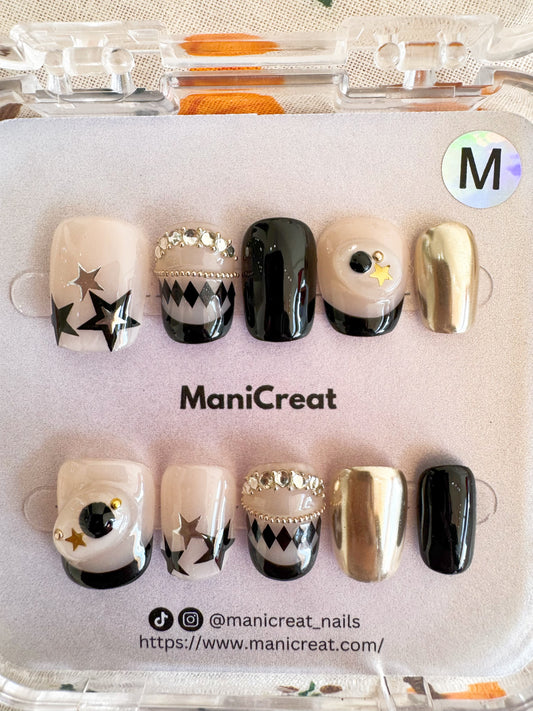 Midnight Glam – Black & Gold Geometric Press-On Nails