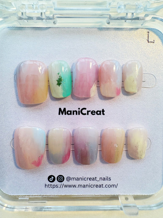 Dreamy Watercolor Press-On Nails – Pastel Gradient with Subtle Foil Accents
