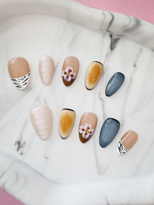 Neutral Floral & Animal Print Press-On Nails