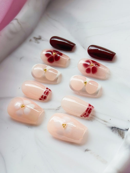 Wine Red Floral Press-On Nails – Nude & Gold Accents